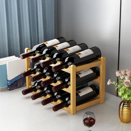 Bamboo Wine Rack Holder Bar Cabinets Stackable Storage Cube Tabletop for Champagne Multilayer DIY Assembled Natural Wood Bottle Holder for Kitchen
