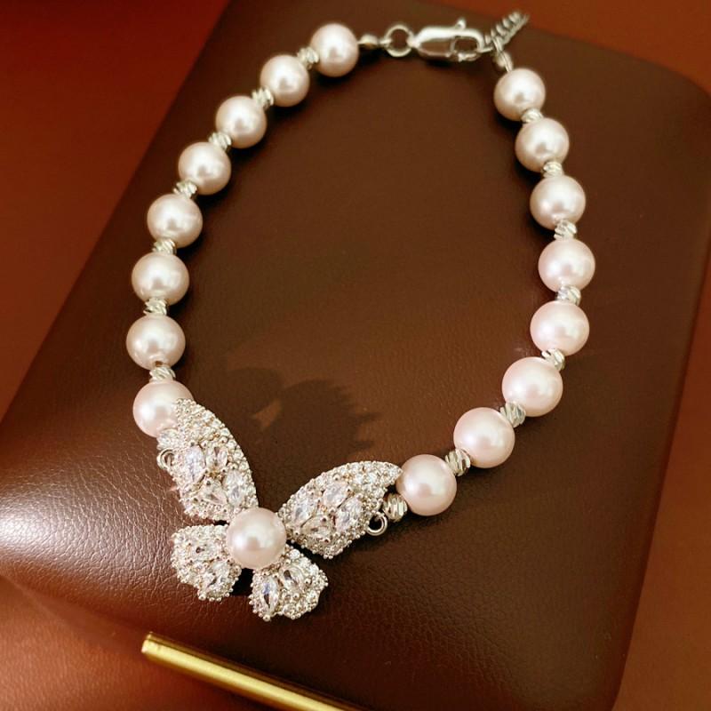 Elegant Butterfly Bracelet With Zirconia Accents Imitation Pearl Beads Pink Tone Womens Fashion Jewelry Office
