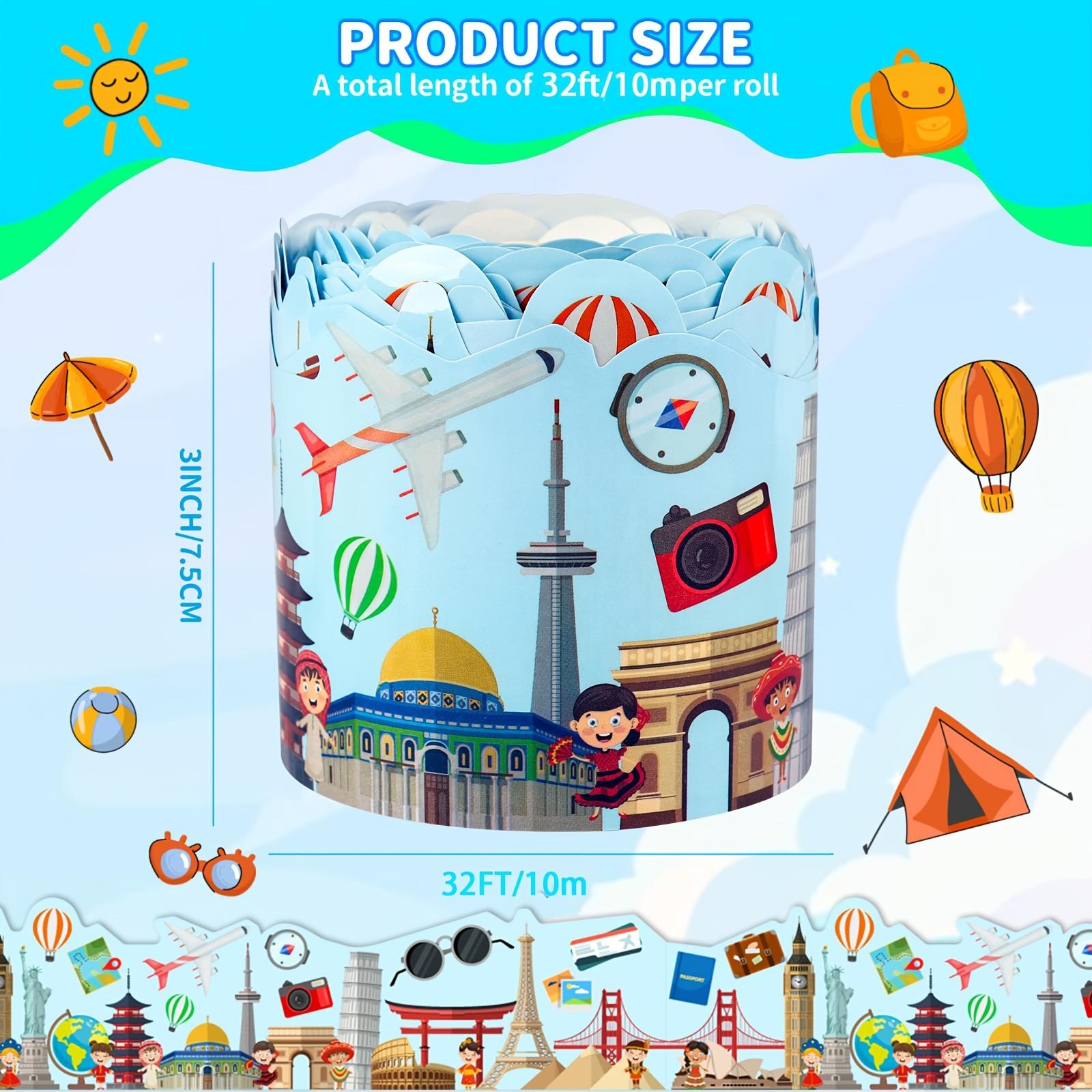 

World Traveler Theme Bulletin Board Border Stickers - 32.8 Feet (10 Meters)/Roll, Famous Architecture Border Decor, Ideal for Classrooms
