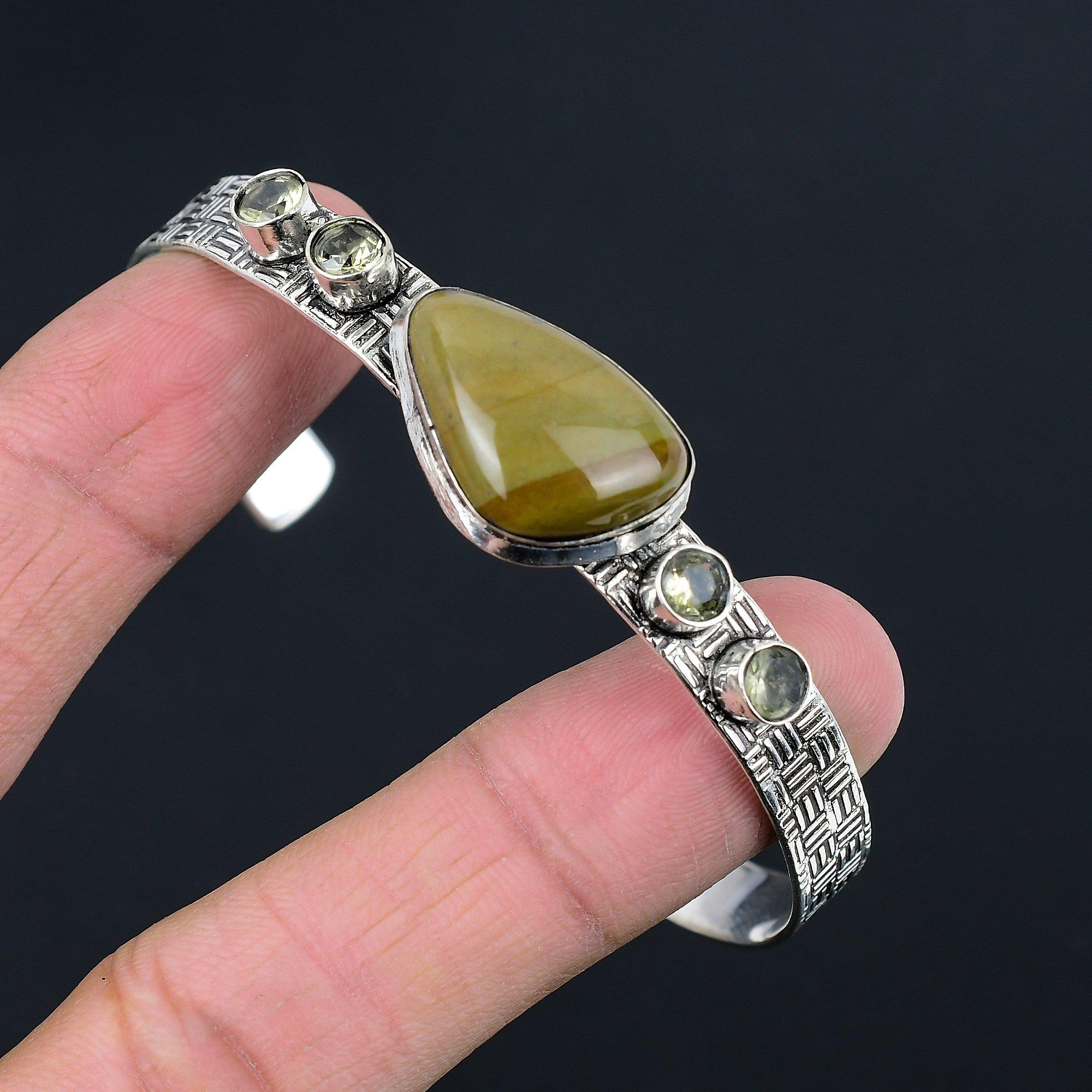 

Polychrome Jasper Stone Green Amethyst 925 Sterling Silver Ethnic Bangle Jewelry Adjustable