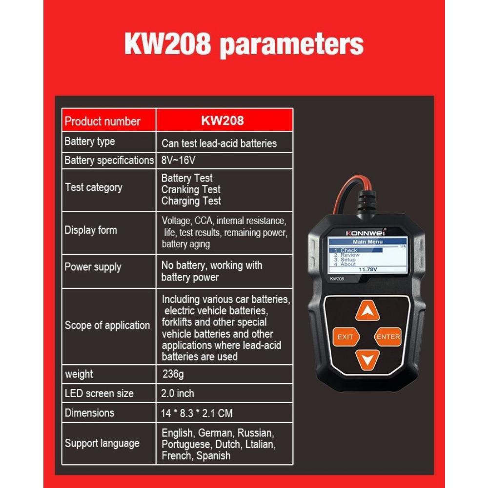KONNWEI KW208 12V Autobatterietester 100 bis 2000CCA Anlassen Ladeschaltung Tester Batterieanalysator 12 Volt Batteriewerkzeuge