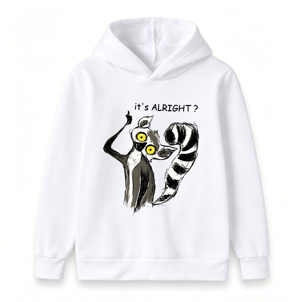 Kids Boys Girls Pullover Hoodie, Cartoon It's Alright Lemur Print Long Sleeve Casual Hooded Sweatshirt for Children Daily Casual Wear