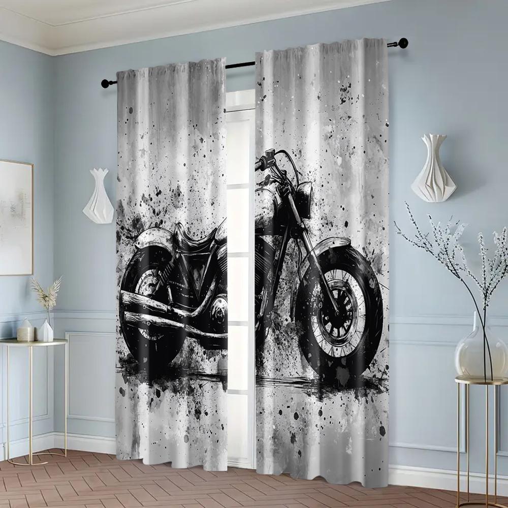 2pcs, Window Curtain 2D Print Modern Painted Black and White Brick Wall Motorcycle Graffiti Polyester Easy Install (without Rod)