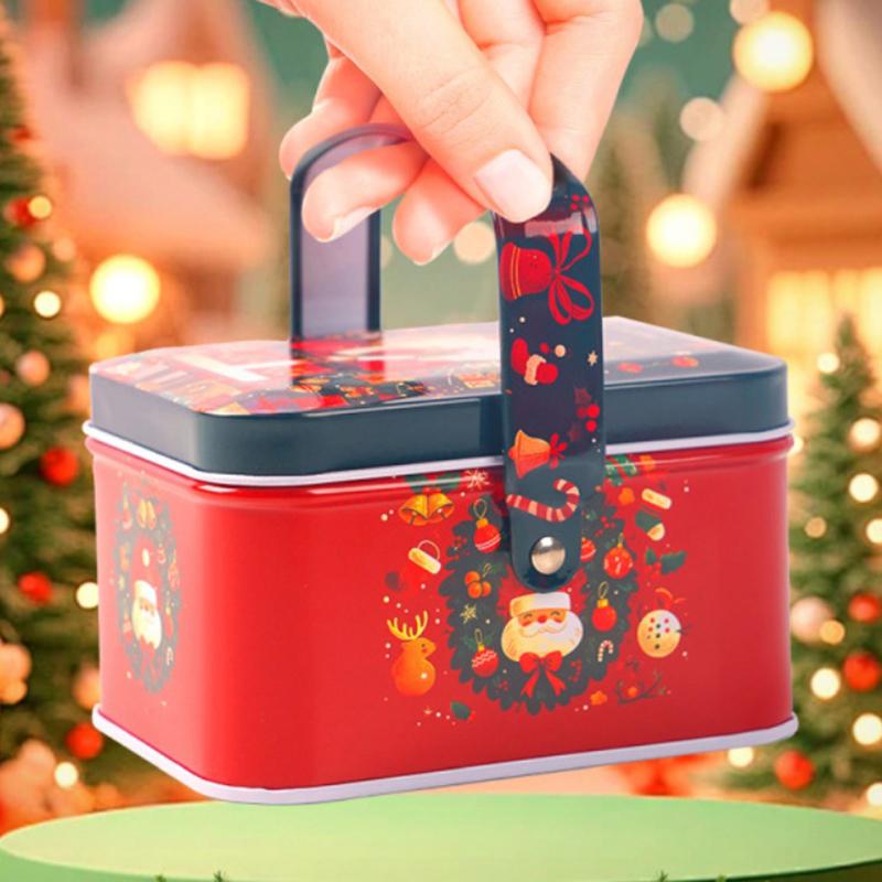 1 Pcs Christmas Gift Box With Handle Tinplate Candy Cookie Packaging Box Containers Kids  Year Gift Decor Xmas Party Supplies