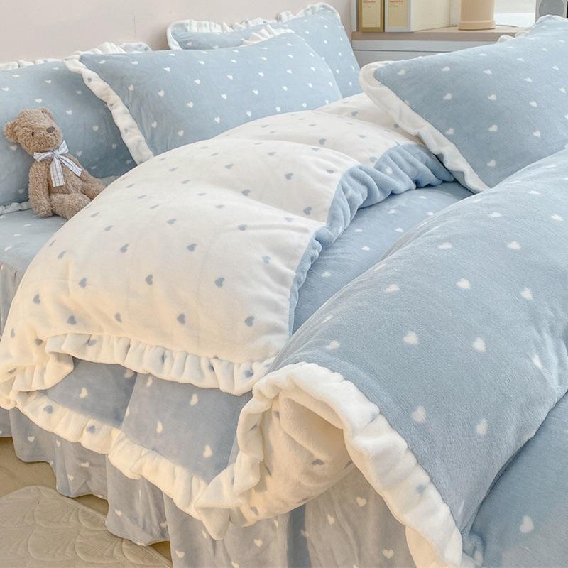 Thickened Milk Fleece Four-Piece Set, Fleece Thickened Bedding, Winter Carved Coral Fleece Quilt Cover, Bed Sheet, Bed Skirt