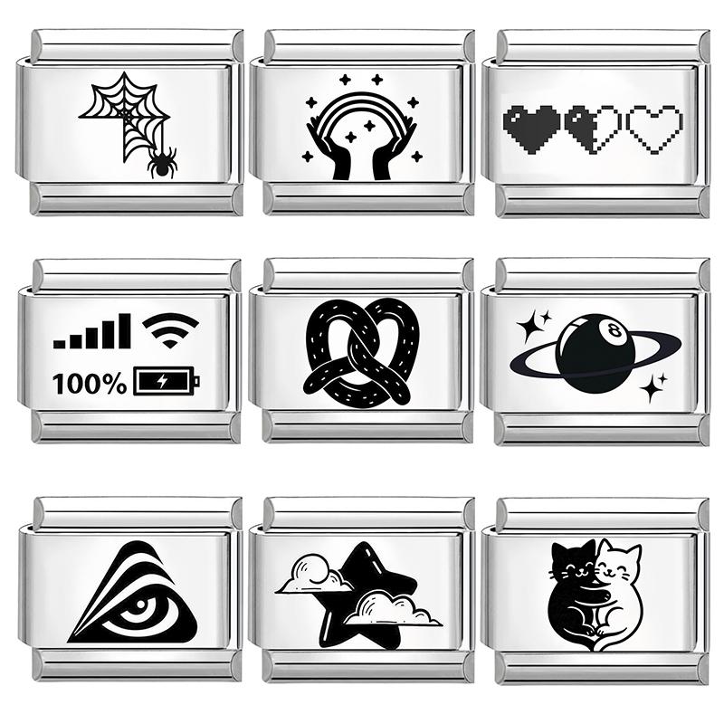 Fashion Cheese Painting Plate Lovely Cat Ball Heart Eyes Laser Engraving Charm Links Fit 9mm Stainless Steel Bracelet DIY Making
