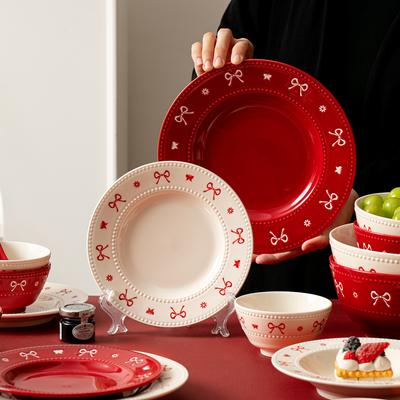 Underglaze Color Ins Style Bow Ceramic Tableware Good-Looking Rice Bowl Amphora Soup Bowl Household Ceramic Bowl Plate
