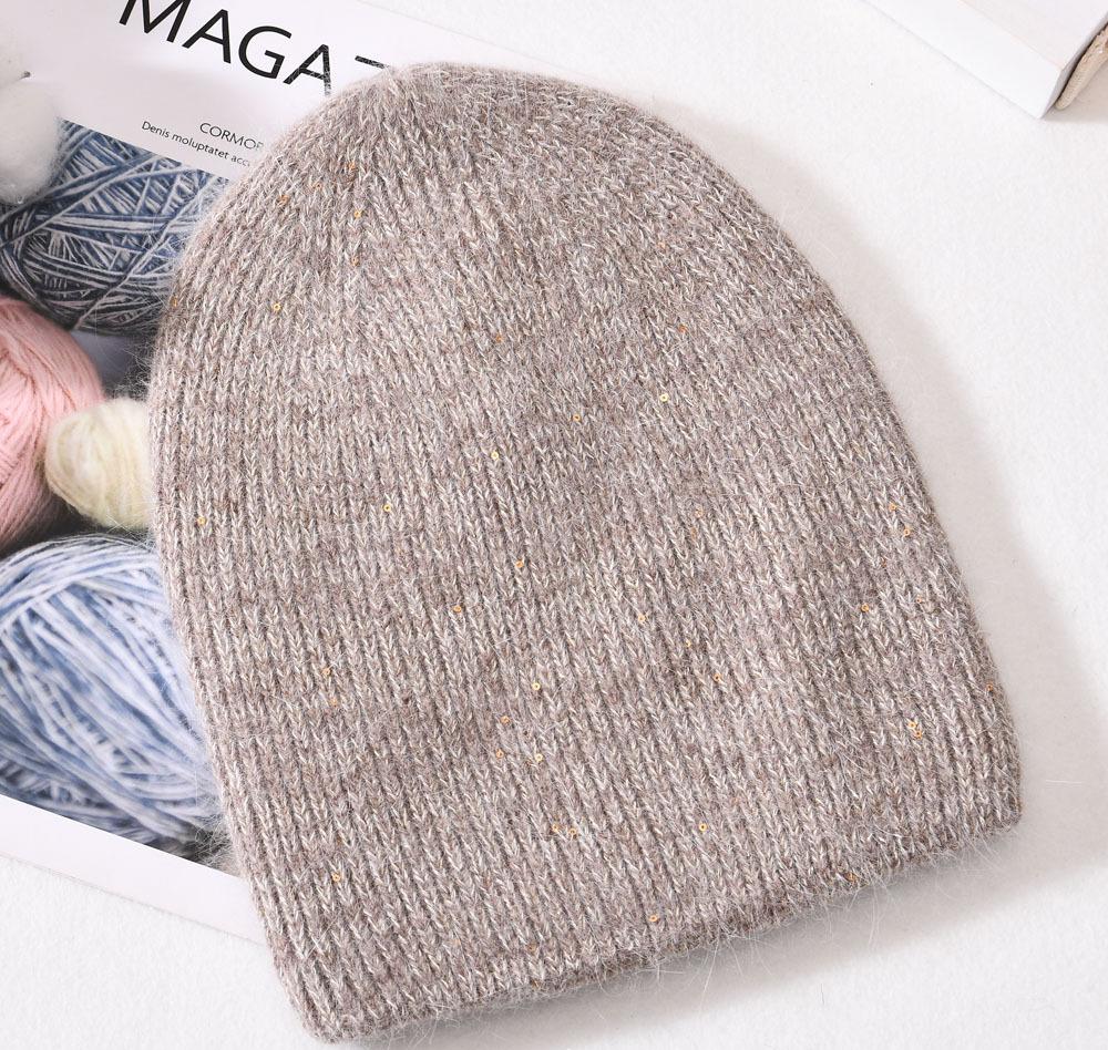 Angora Rabbit Fur Winter Woman Hat Cashmere Skullies Beanies Soft Solid Warm Fluffy Thick Sequins Knitted Hat Gift Wholesale