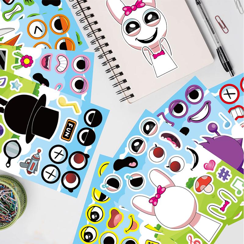 8/16Sheets Anime Sprunki Funny Puzzle Sticker Make a Face Decals Game Kids Toys Cartoon Assemble Jigsaw Children Party Gift