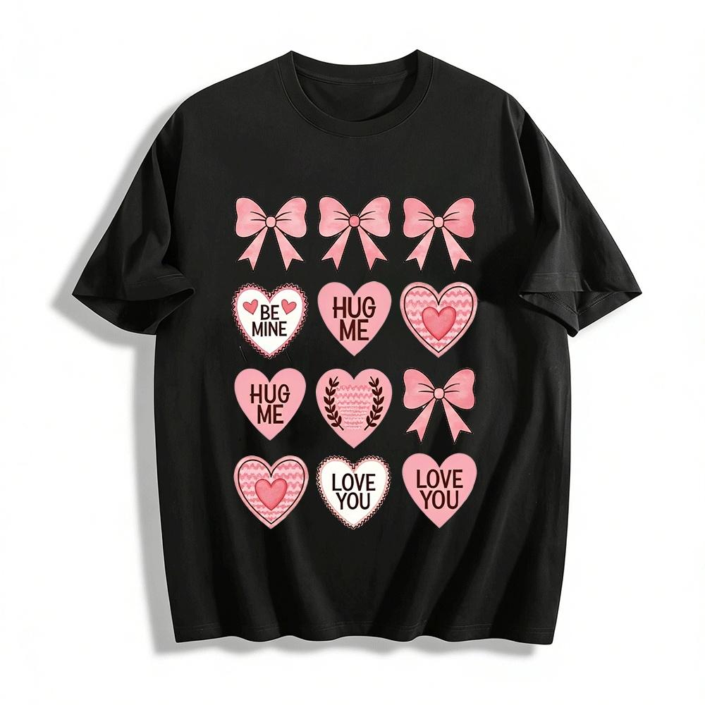 Valentine s Day Heart Bow Print Casual Tee Pure cotton T-shirt XXS