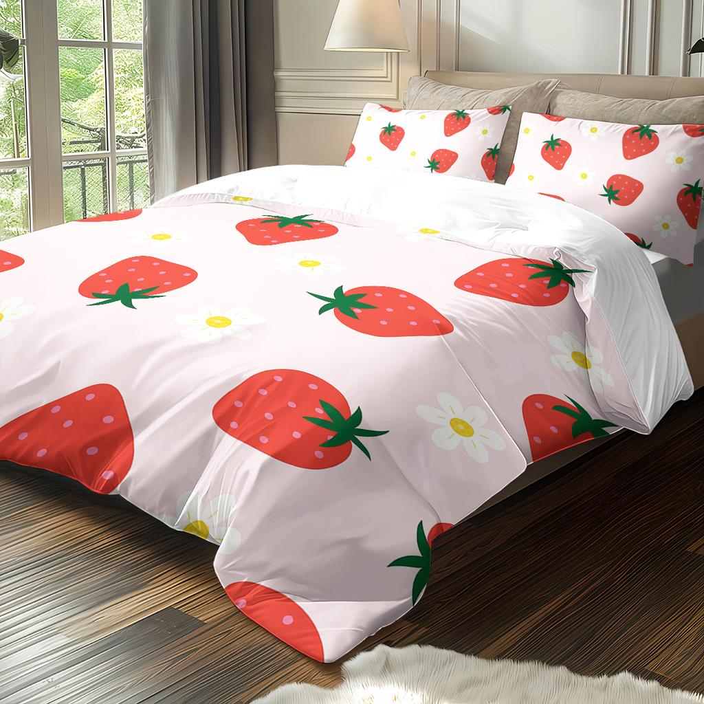 3pc Strawberry Print Bedding with Coreless Set Bedroom Living Room Multiple Sizes, Machine Washable, Soft and Comfortable