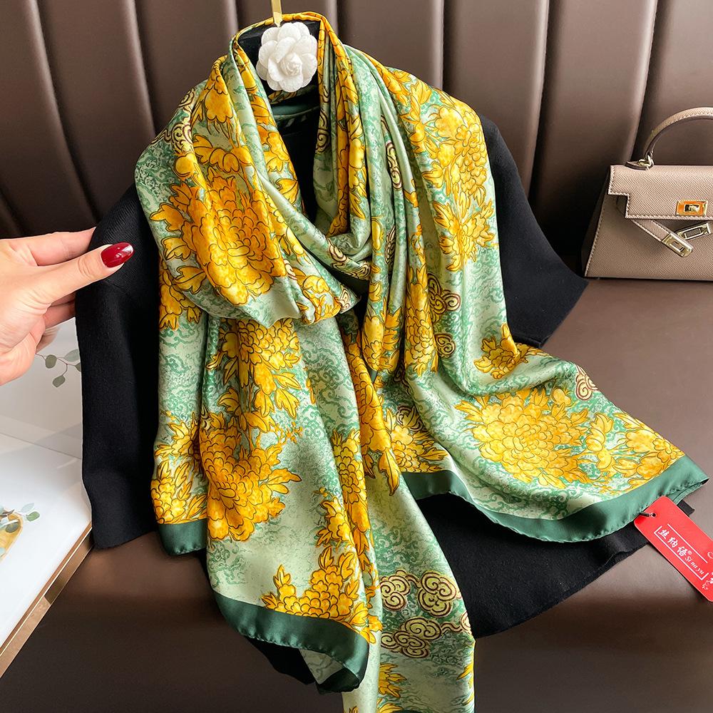 New silk scarf new silk satin printed shawl holiday fashion sunscreen long section simulation silk scarf