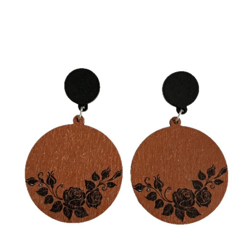 Retro Floral Round Dangle Earrings with Black Wooden Accents