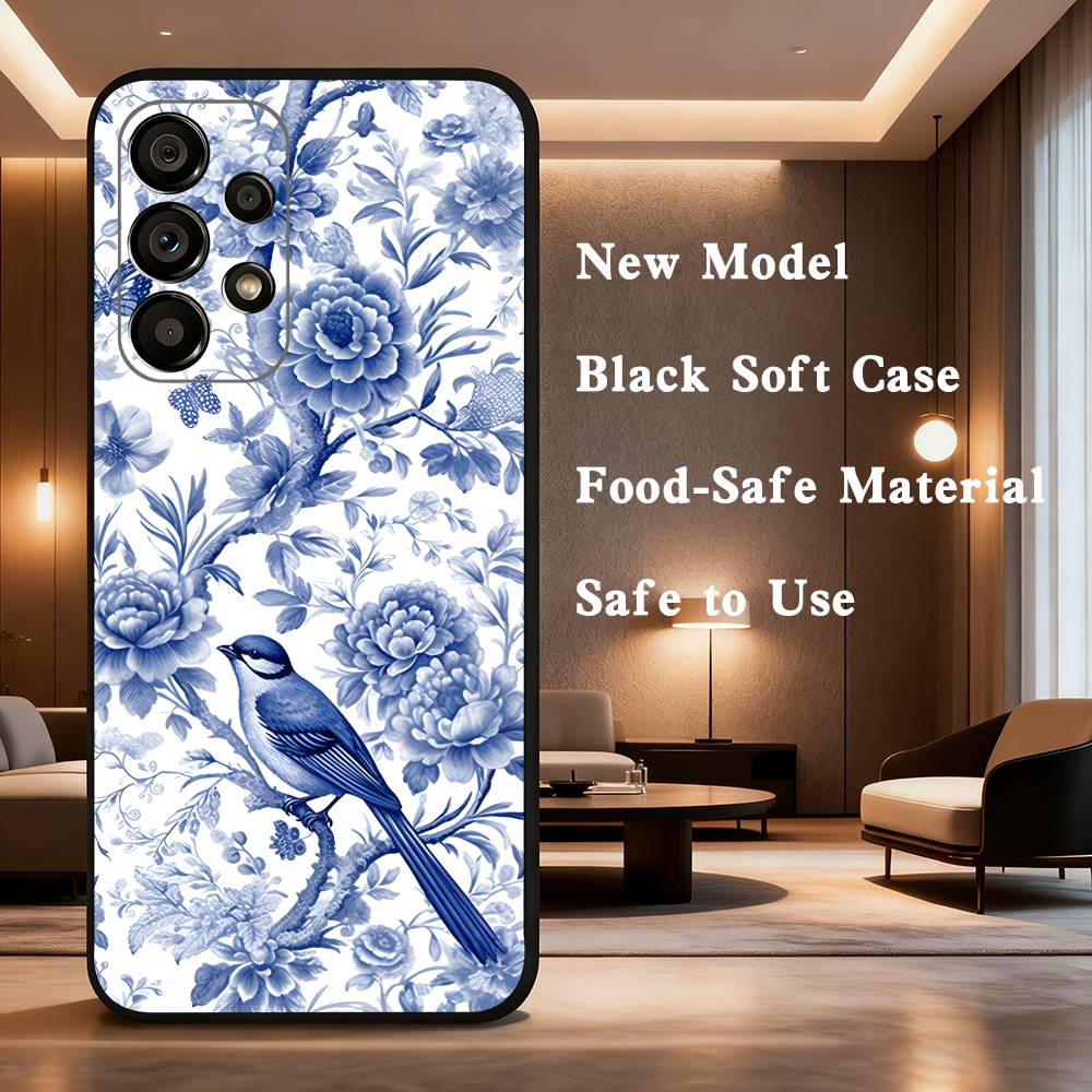 blue and white porcelain Phone Case For Samsung Galaxy A73,31,32,72,41,53,52,71,22,5G,Note,J7,8,9 Soft Black Cover