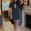 Vestito Mini Casual da Donna alla Moda a Pois con Intagli e Maniche a Sbuffa a Manica Corta con Collo Alto