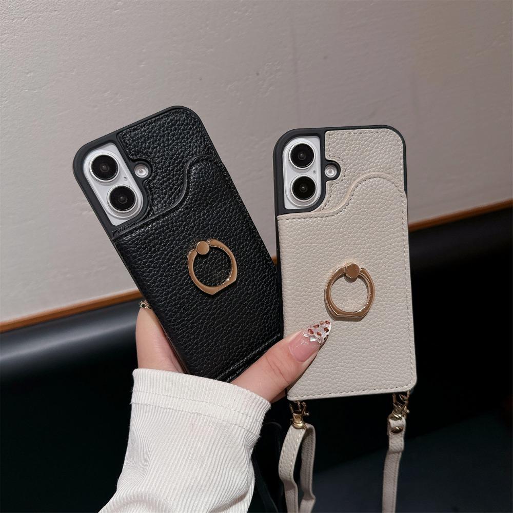 Crossbody Rope Ring Stand Phone Case for IPhone 16 15 14 13 12 11 Pro Max X XR 7 8 Plus Leather Wallet with Card Holder Cover