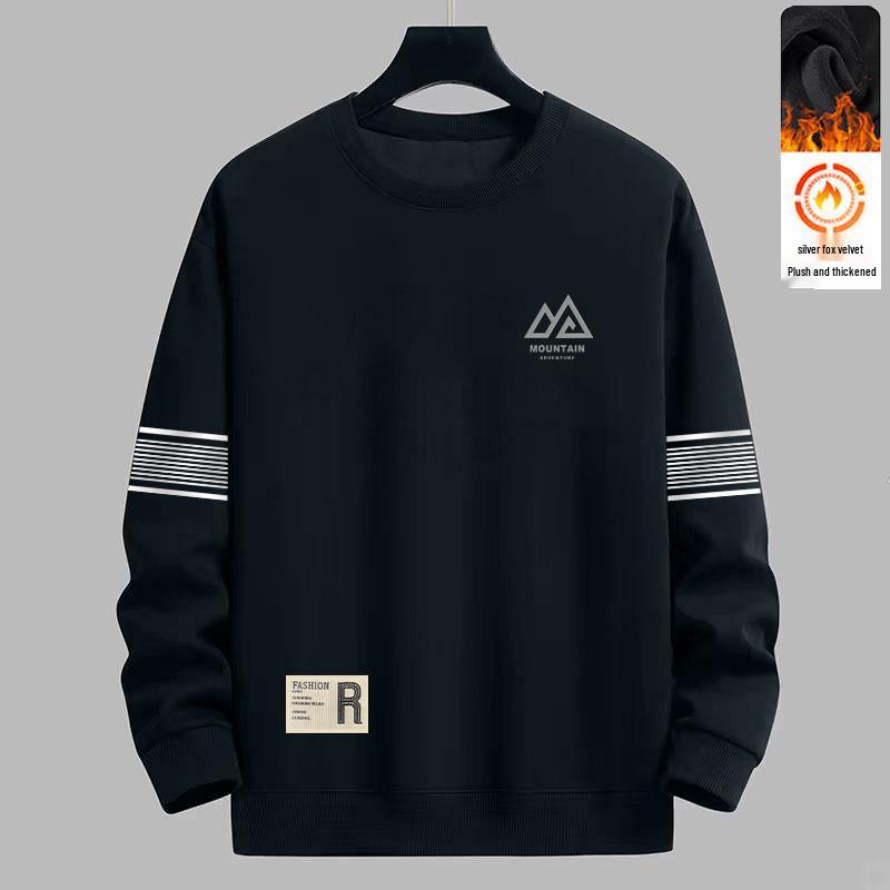 Men's Trendy Round Neck Printed Hoodie - Autumn/Winter, Loose Fit, Plus Velvet Long Sleeve Casual Pullover