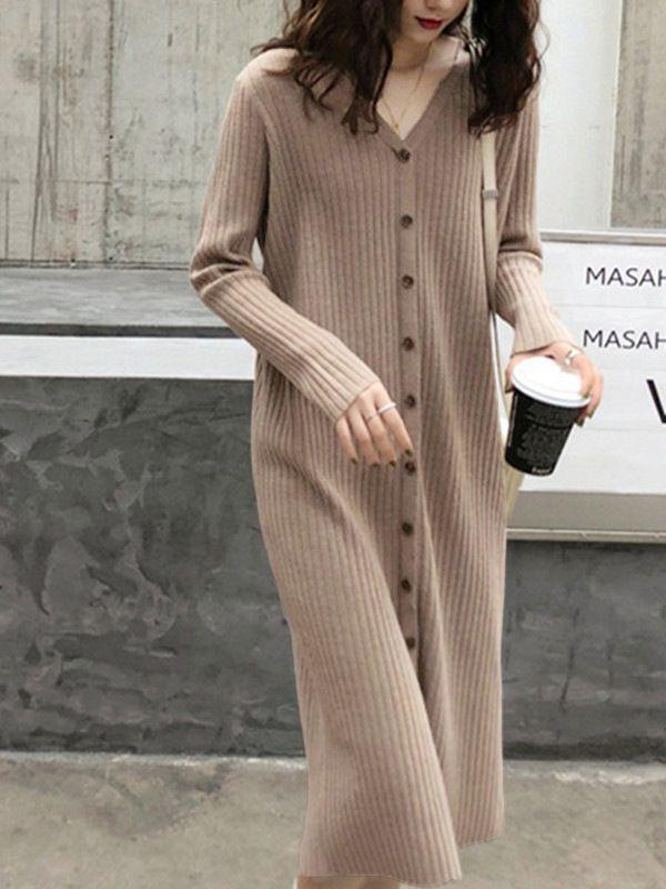 

Простое и универсальное трикотажное платье с V-образным вырезом для женского осенне-зимнего сезона, новое, свободное и тонкое, с подкладкой для ношения под пальто, свитер-юбка one size fits all хаки