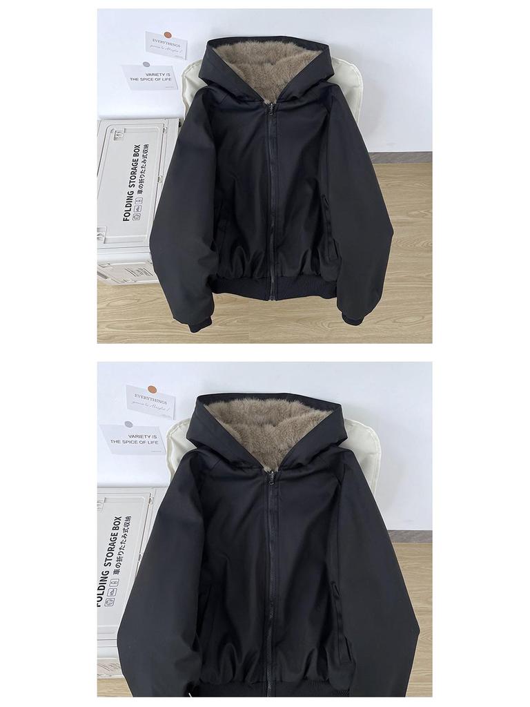 Unisex Reversible Hooded Cotton Jacket with Thick Velvet for Winter