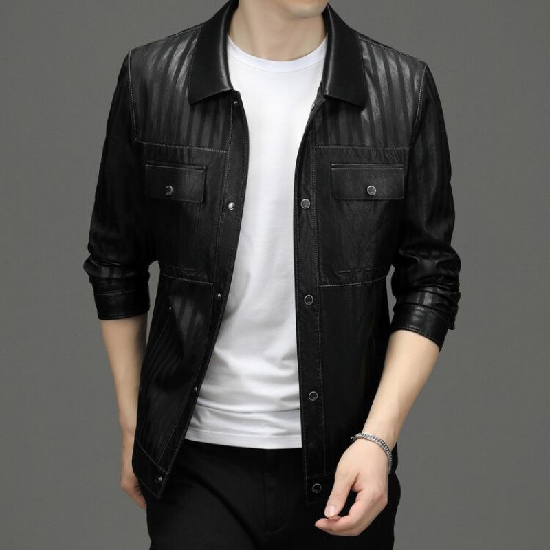 New Style Plush Leather Jacket for Spring and Autumn Wear Men's Slim Fitting Short Lapel Leather Jacket Middle-aged and Young Men's Warm Coat