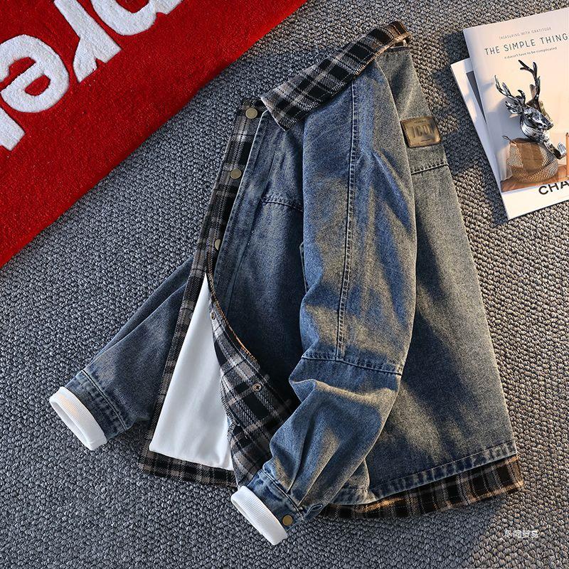 Pánská trendy kostkovaná patchworková džínová bunda 2025 - Falešný dvoudílný vlněný kabát na jaro a podzim