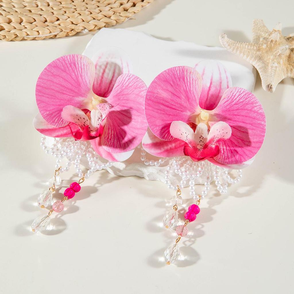 New Fresh Fabric Colored Large Flower Earrings for Women Jewelry Sweet Rice Beads Long Tassels Leaf Earrings Female Earrings