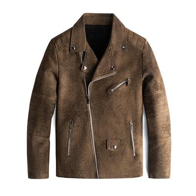 Retro Diagonal Zipper Washed Leather Jacket Men's Plus Velvet Autumn and Winter New Handsome Suit Men's Jacket Jacket