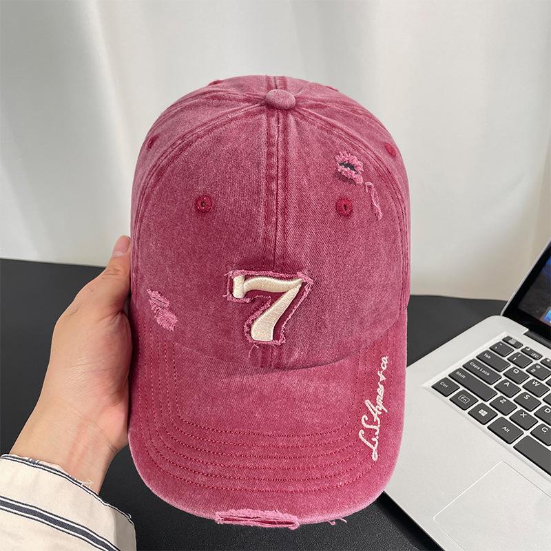 

Hat female three-dimensional number 7 embroidery holes washed wasteland wind soft top big head circumference showing face small old baseball cap soft top