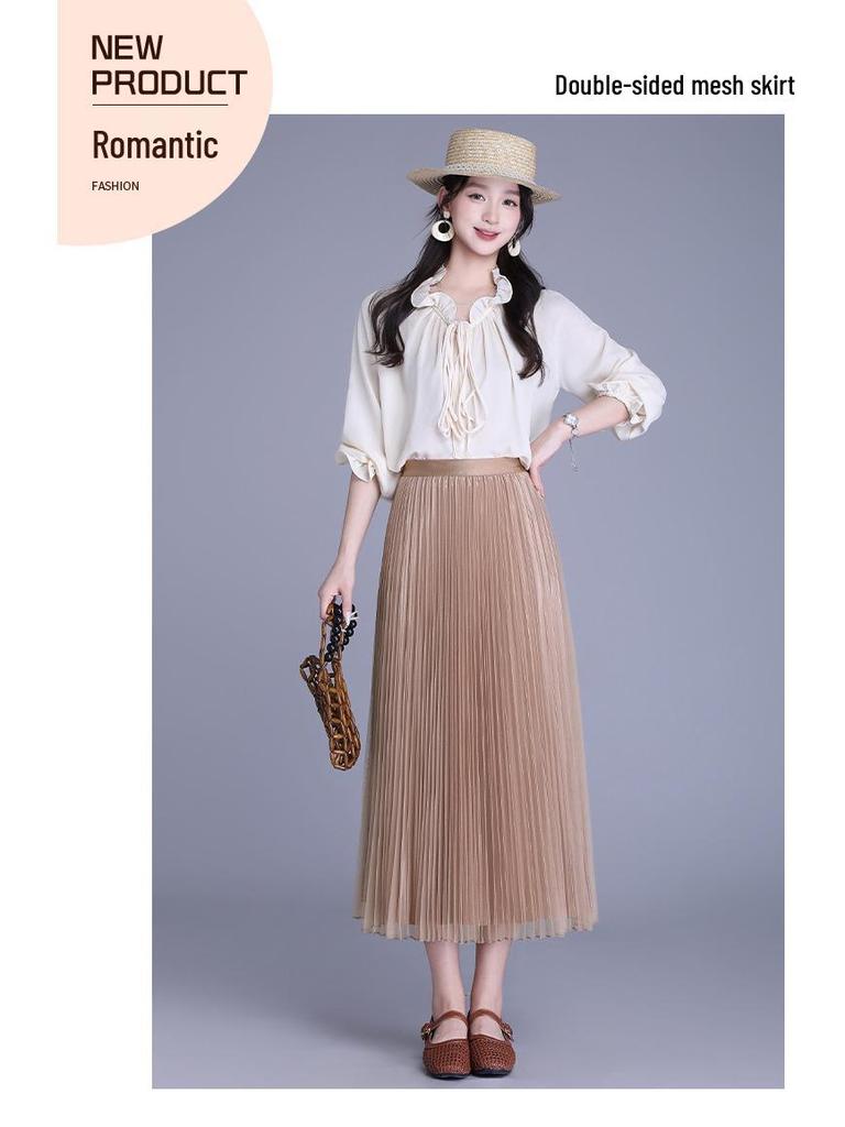 Solid Color High-Waisted Pleated Lurex Mesh Midi Skirt
