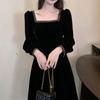 Hepburn Style French Gold Edge Velvet Square Neck Long Sleeve Dress Women's Autumn 2026 New Temperament Evening Dress Long Dress