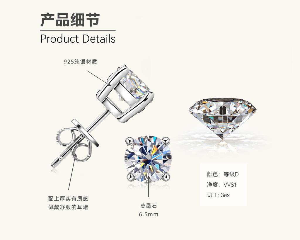 Silvere Glam Classic Four-pronged Moissanite Stud Earrings With A Niche Design For Women, S925 Sterling Silver Earrings