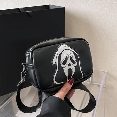 Halloween Funny Skeleton PU Leather Zipper Shoulder Bag Small Square Bag Casual Women Ghost Crossbody Bag