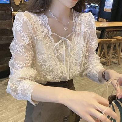 Square Collar Lace-up Women Shirt Vintage Sweet Puff Long Sleeve Lace Chiffon Blouse Women Flower Elegant Loose Tops 17442