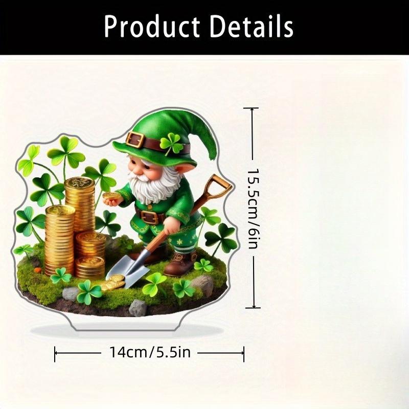 2D Flat Clover Green Gnome Acrylic Desktop Decoration, Gold Coin, Home Decor Plaque Hanging Wall Art Decorative Garden Decoration for Room Door Signs