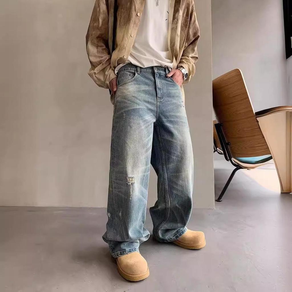 Men's Washed Distressed Wide-Leg Jeans - Retro American Street Style, Floor-Length, Perfect for Spring and Autumn