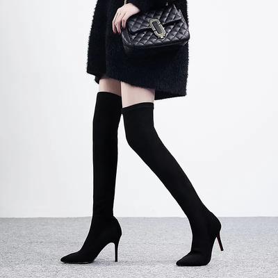 Damen Sexy Dünne Absätze Samt Stretch Schwarze Strumpfhosen Stiefel Damen Überknie Stiefel Einfarbig Lässig Bequem 6cm Beflockt Damen Schuh