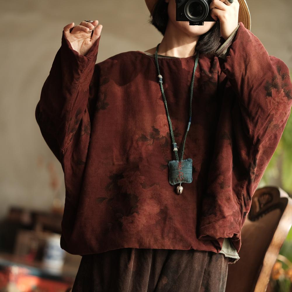 

Johnature Женский винтажный принт цветочный вельветовый зимний свитер с круглым вырезом и длинными рукавами Женское пальто One Size коричневый