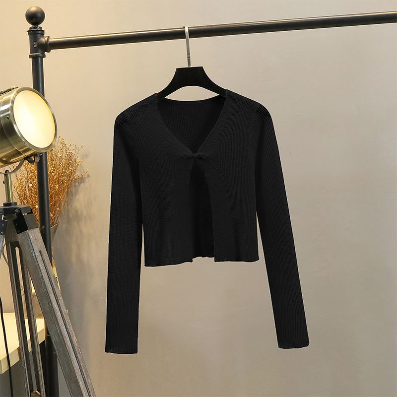 

Новый китайский стиль, национальный стиль, короткий вязаный кардиган с пряжкой на талии, женский летний тонкий сарафан на бретелях, верхняя одежда, одежда для защиты от солнца