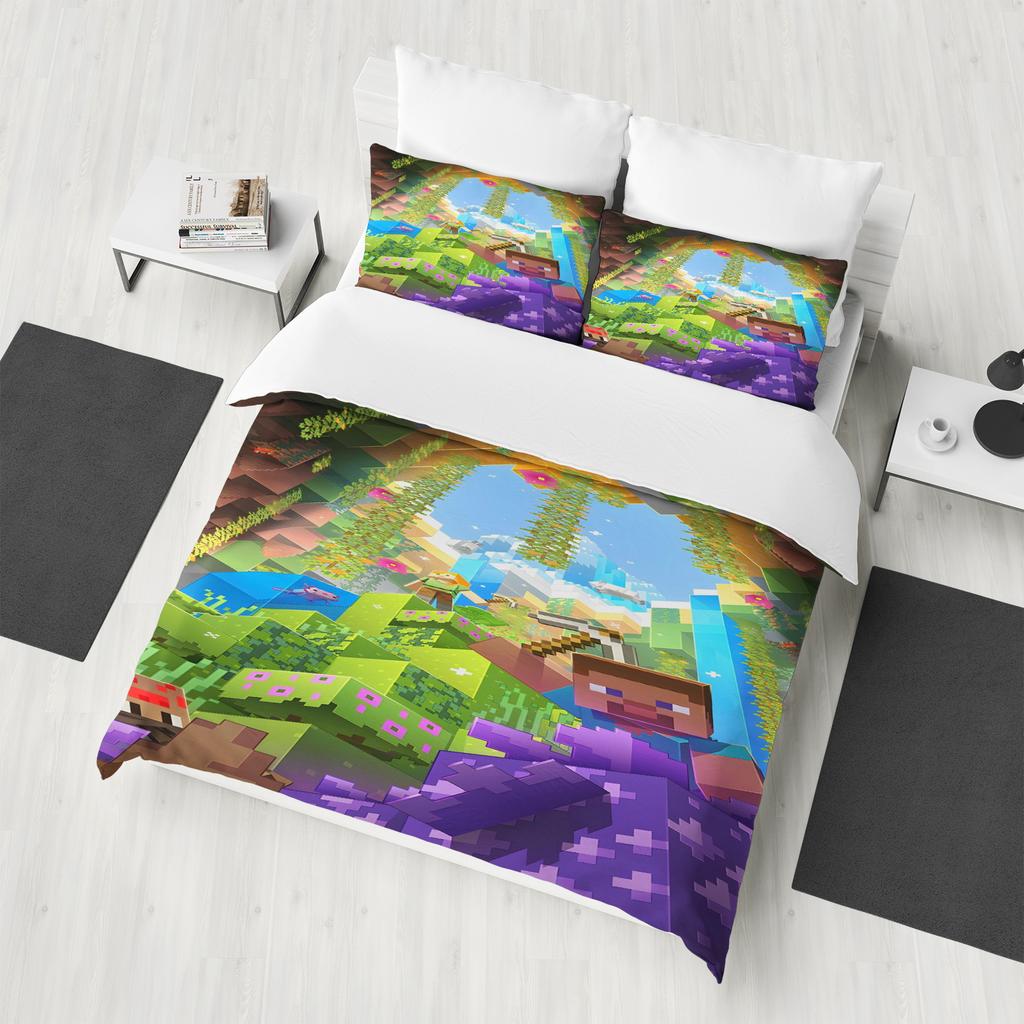 M-Minecraft 100% PolyesterAnime Printed Bedding Set Duvet Cover Queen Cotton Cute Printed Cartoon Quilt Cover