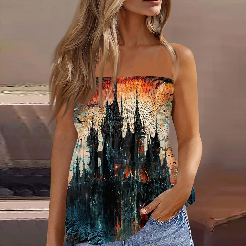 Summer Tube Tops For Women,Cute Sexy Off Shoulder Print Sleeveless T-Shirt