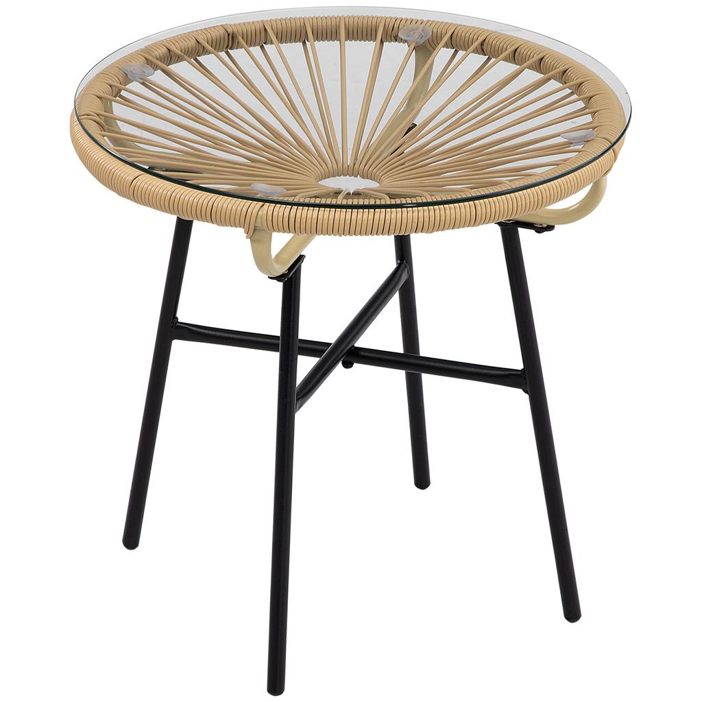 Boho-style Garden Table. PE Rattan. Tempered Glass. Weatherproof. 50cm X 50cm X 50cm. Beige