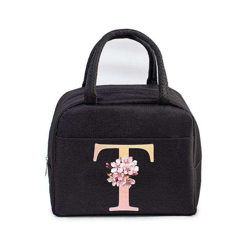 Cherry Blossom Letter N-Z Print Women Men Lunch Bag Fashion Alphabet Portable Insulated Bag School Multifunctional Bento Handbag