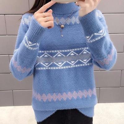 Nuovo maglione a collo alto da donna alla moda autunnale, casual, patchwork, in finto visone, lavorato a maglia