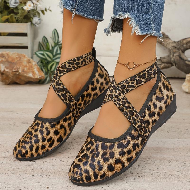 Women's Wedge Single Fashion Round Toe Shallow Mouth Leopard Print Cross Strap Soft Sole Non-Slip Low Top Shoes