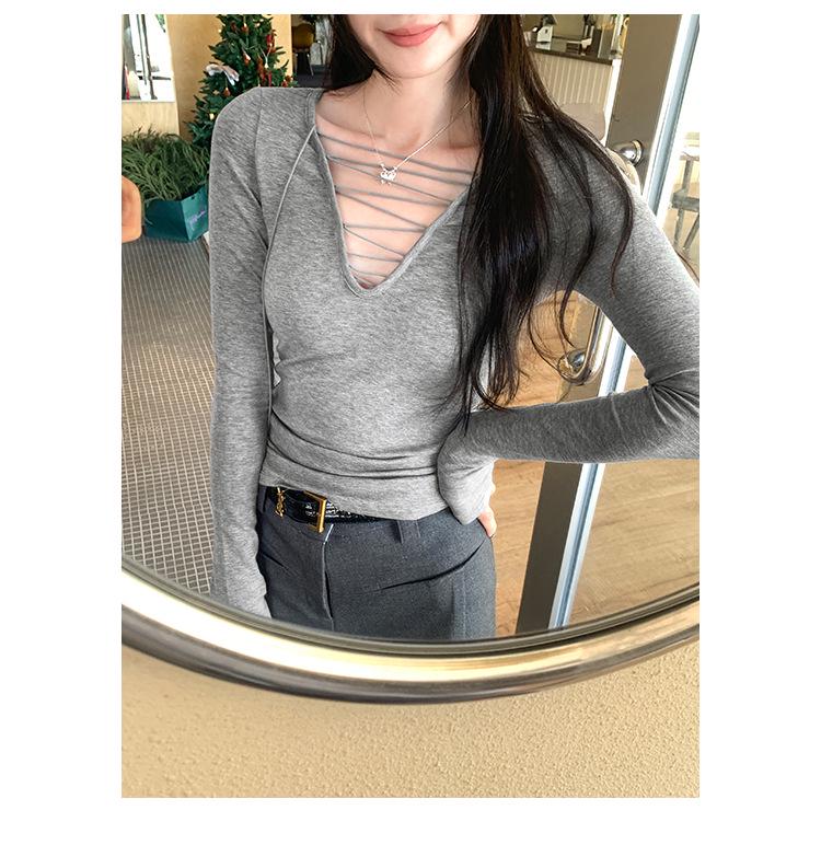 Women's Lyocell Tencel Wool Lace-up V-Neck Slimming Base Layer Top for Autumn/Winter