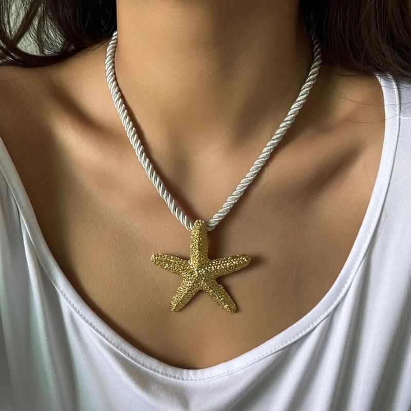 Fashion Starfish Pendant Necklace Earrings Beach Clavicle Chain Simple Choker Earrings Jewelry Braided Rope Neck Chain