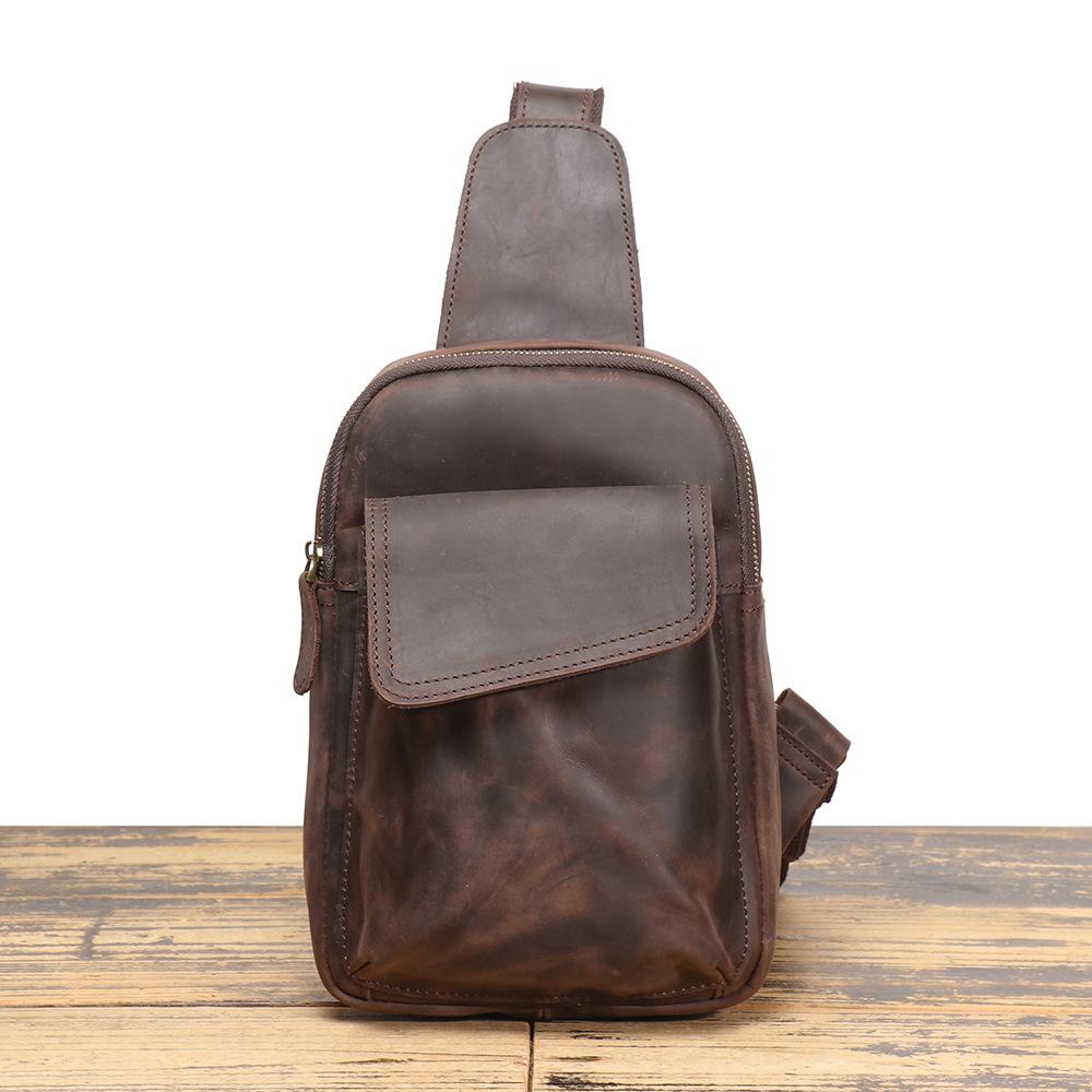 Retro Men'S Leather Breast Bag, Crazy Horse Leather Casual Messenger Backpack, Cowhide Large-Capacity Shoulder Mobile Phone Bag.