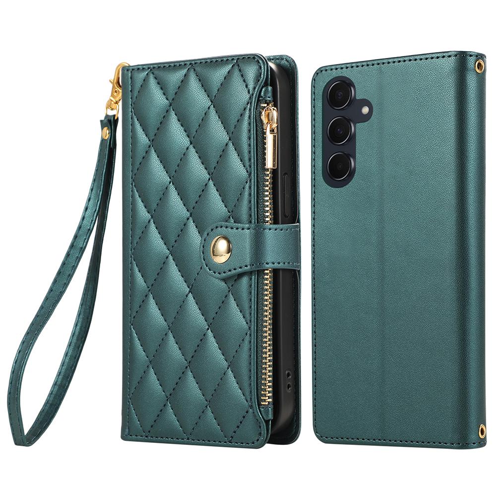 For Samsung Galaxy A16 4G/5G/A26 5G Case Multi Card Slots Zipper Rhombus Leather Phone Cover with Wrist Strap