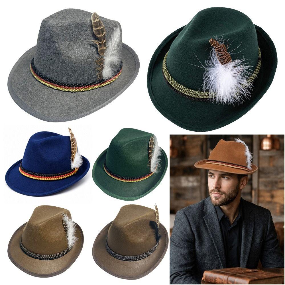 Decorative Side Cord Bavarian Feather Hat Structured Brim Jazz Cap New Costume Cap Men Women