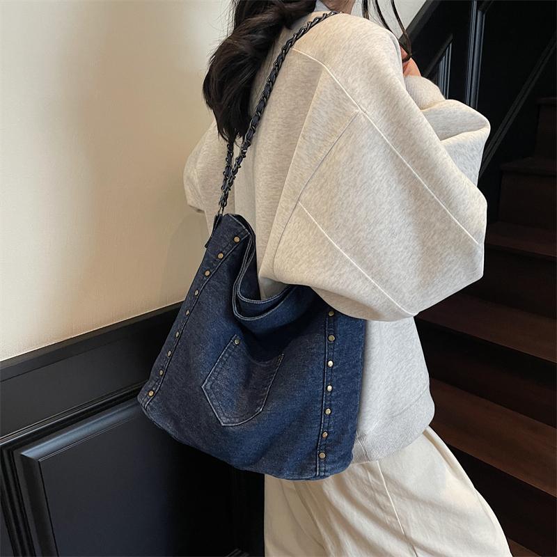 Vintage Denim Tote Bag Große Kapazität Schultertasche Damen Kette Umhängetasche